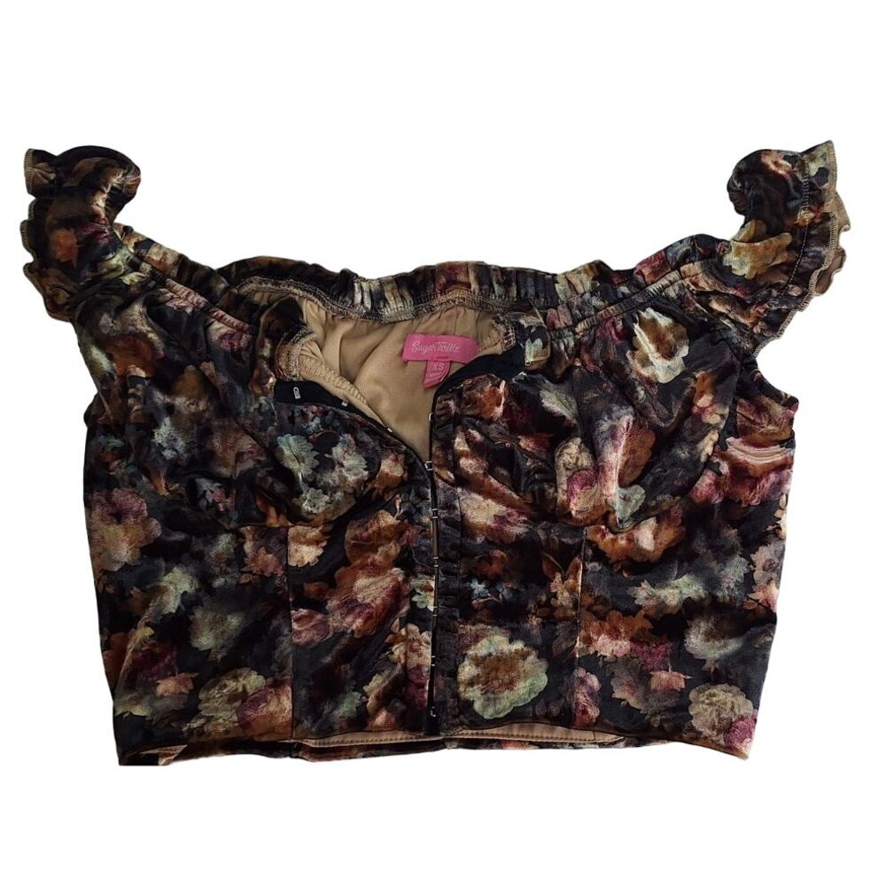Sugar Thrillz Dolls Kill Floral Velvet Cropped Bustier Style Tank Top  Black XS
